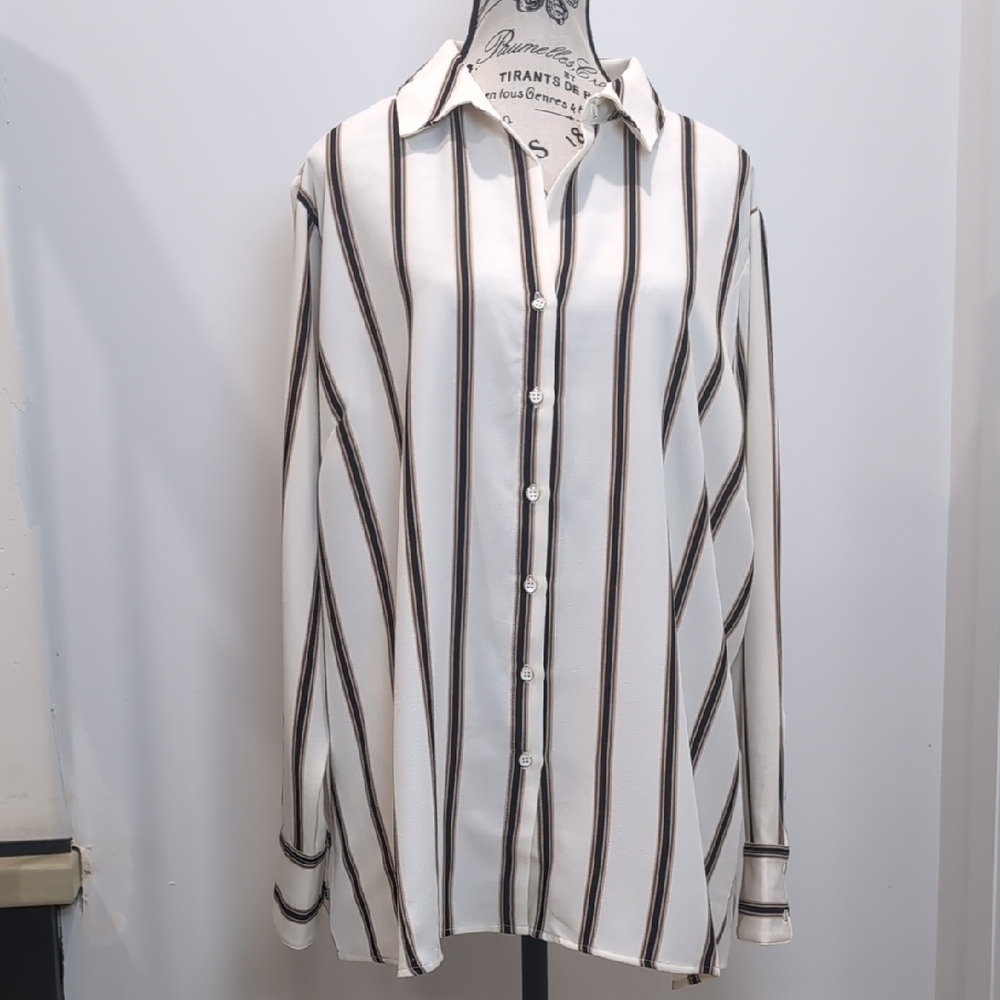HAVER | Women's Black/White/Brown Striped Relaxed Fit Button Down Blouse